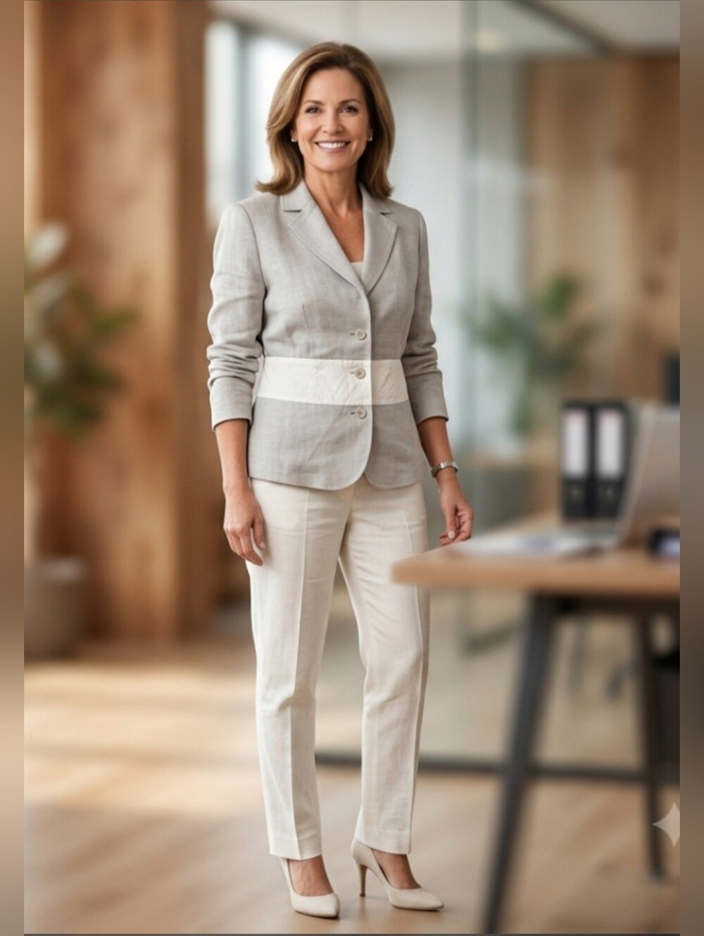 Monari Blazer Top (Linen blend?) / Size 10 / Sage green, Pale cream